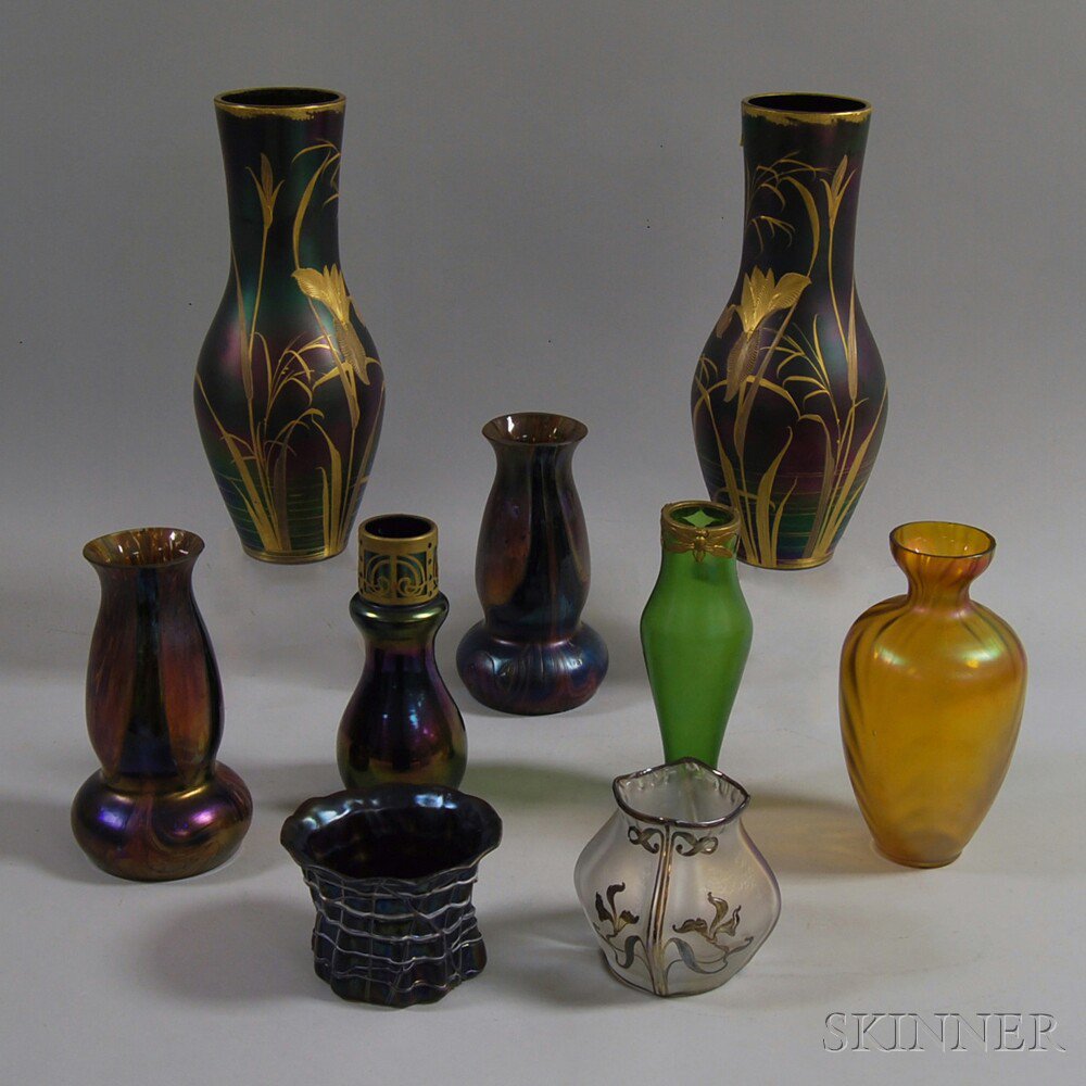 Appraisal: Nine Austrian Art Glass Vases including one silver overlay a