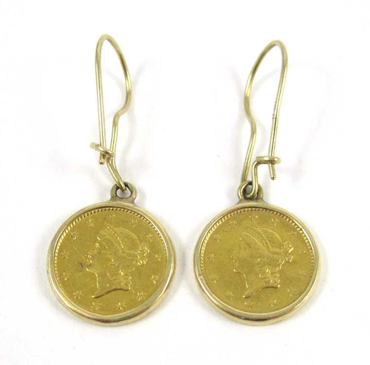 Appraisal: PAIR OF GOLD COIN AND FOURTEEN KARAT GOLD EARRINGS featuring