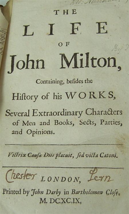 Appraisal: Milton John--Toland John The life of John Milton London John