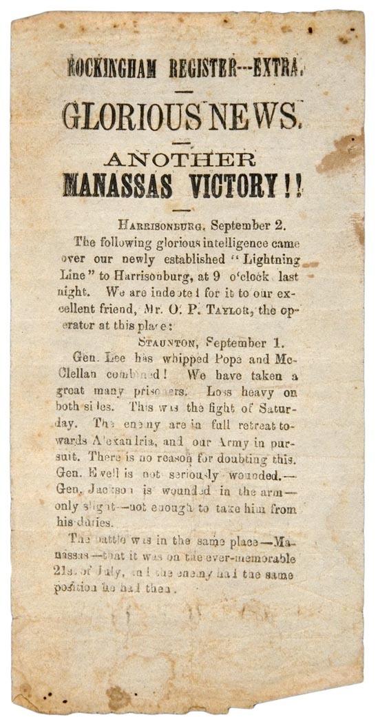 Appraisal: SECOND MANASSAS Rockingham Register---Extra Glorious News Another Manassas Victory Harrisonburg