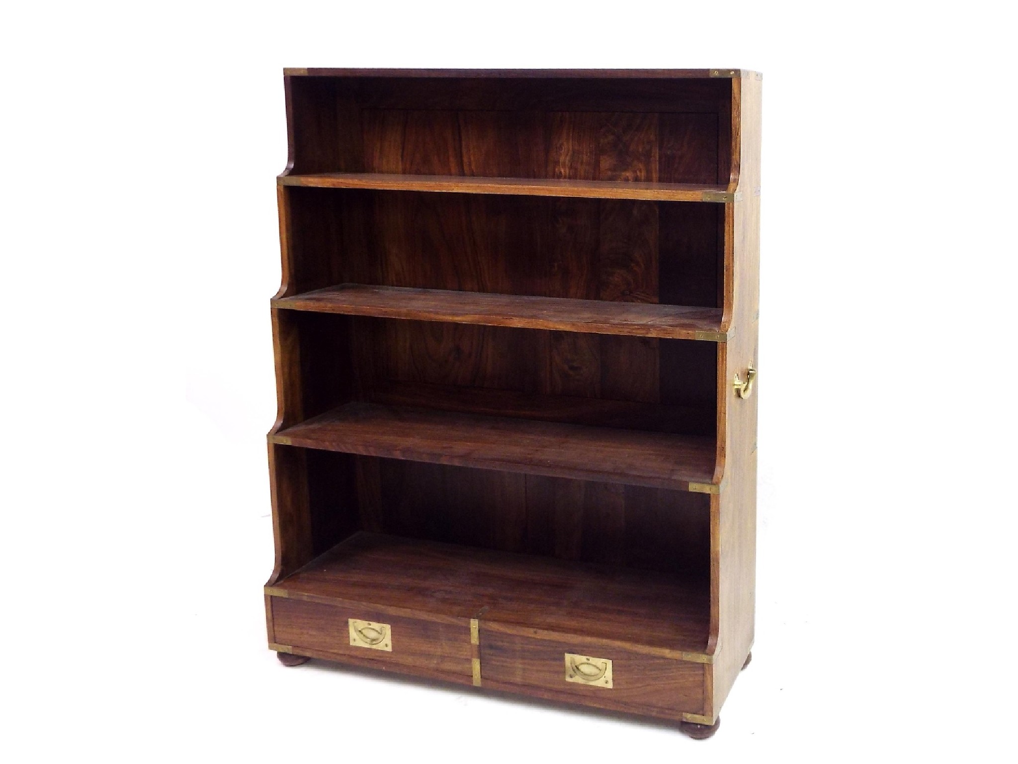 Appraisal: Eastern hardwood campaign style waterfall bookcase fitted with two short