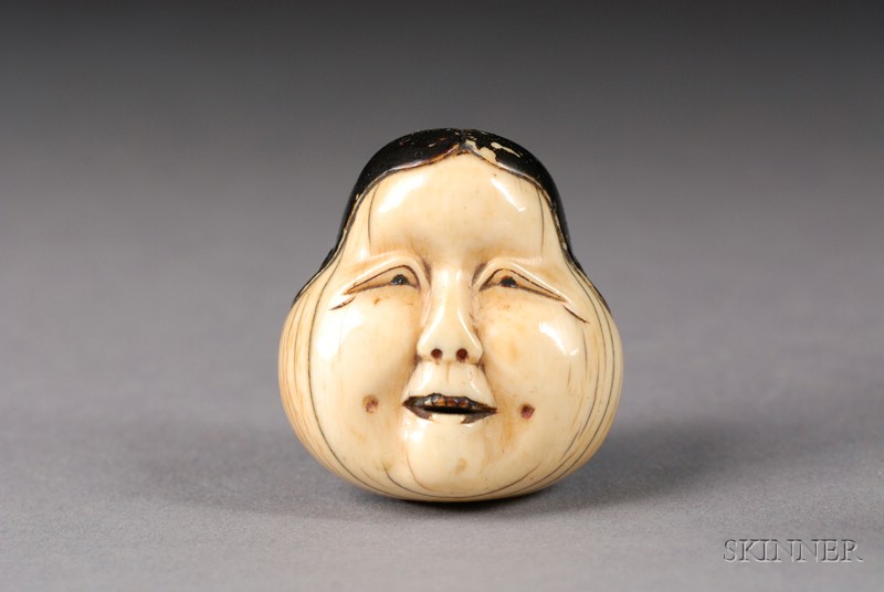 Appraisal: Ivory Mask Netsuke th century female type lacquered details lg