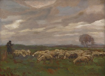 Appraisal: Hans von Hayek Austrian - Landscape with sheep Oil on