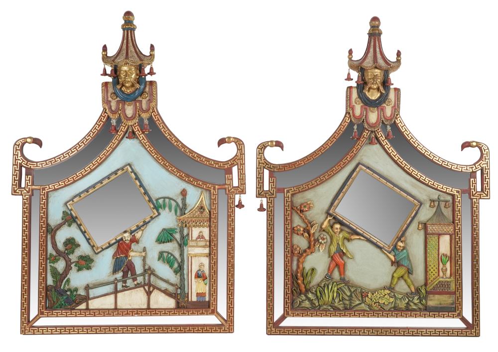 Appraisal: PAIR CARVED PAINTED GILT WOOD CHINOISERIE MIRRORS th century x