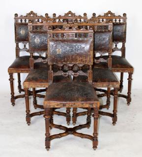 Appraisal: Set of French tooled leather chairs with Initial M h