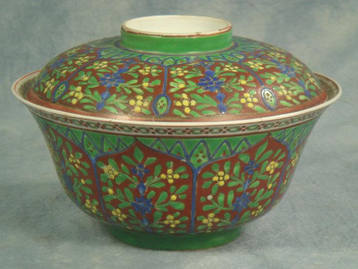 Appraisal: Chinese porcelain rice bowl with lid brown ground with green