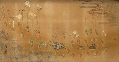 Appraisal: A Japanese picture on silk depicting a procession of insects