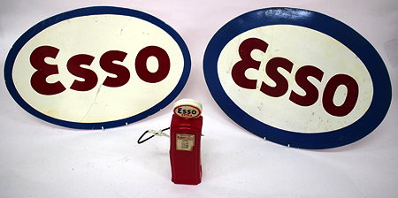 Appraisal: A TWO SIMILAR ESSO RED BLUE AND WHITE PAINTED OVAL