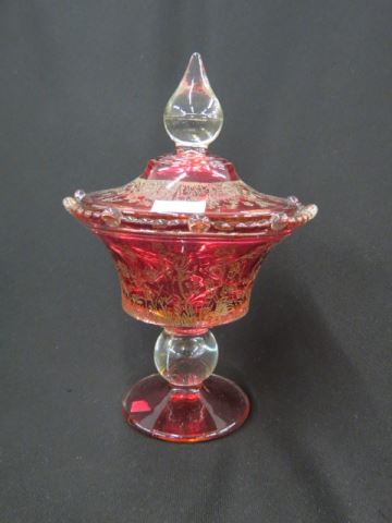 Appraisal: Cranberry Glass Covered Compote etched floral tall excellent