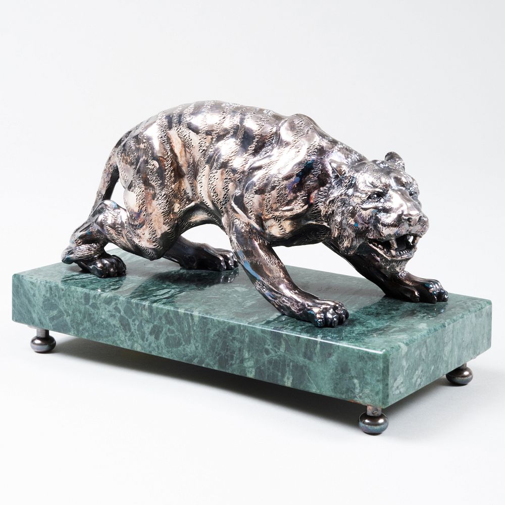 Appraisal: Continental Silver Metal Figure of a Tiger on Marble Base