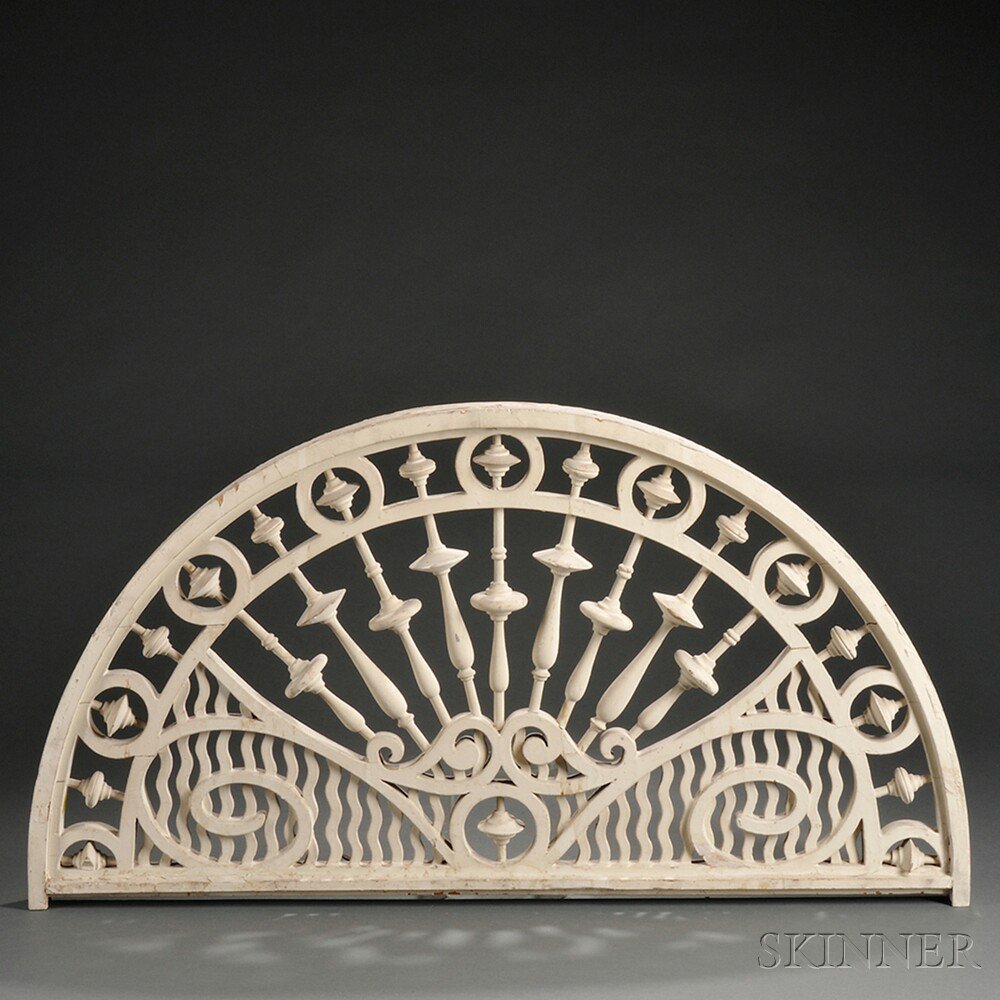 Appraisal: White-painted Turned and Carved Wooden Architectural Fan Light late th