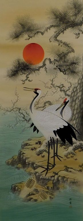 Appraisal: Japanese Painted Cranes Hanging Scroll Painting Japan Depicts a pine