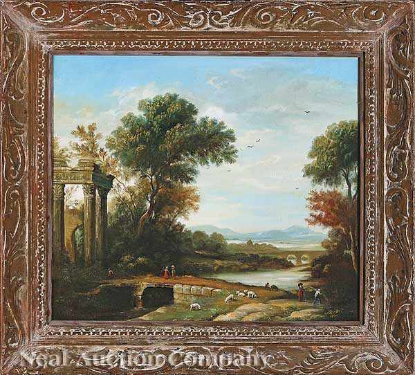 Appraisal: Continental School th c River Landscape with Bridge and Ruins