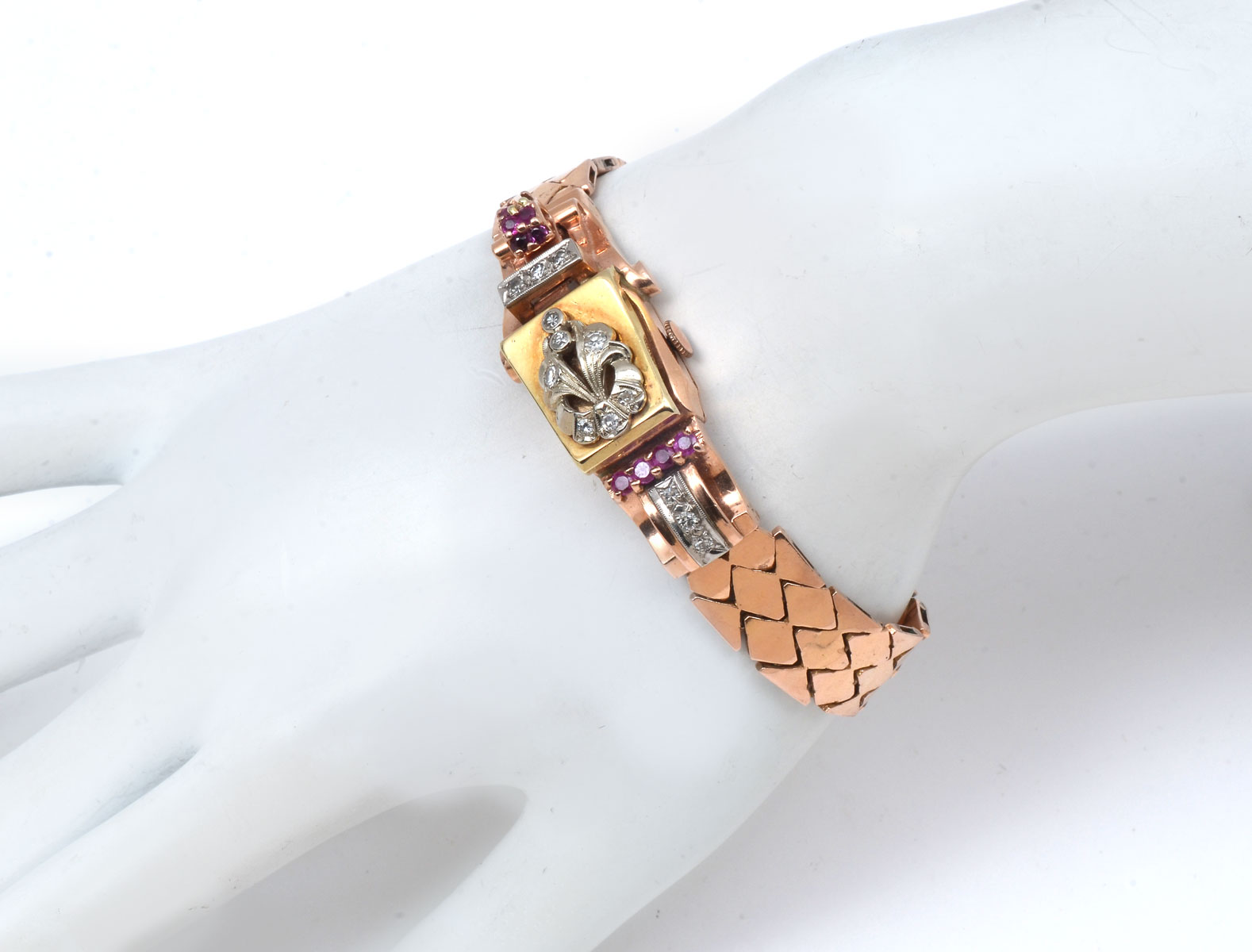 Appraisal: K RETRO DIAMOND RUBY WRISTWATCH K rose gold retro wristwatch