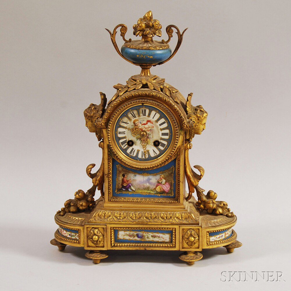 Appraisal: Louis XVI-style Brass and Porcelain Mantel Clock France th century