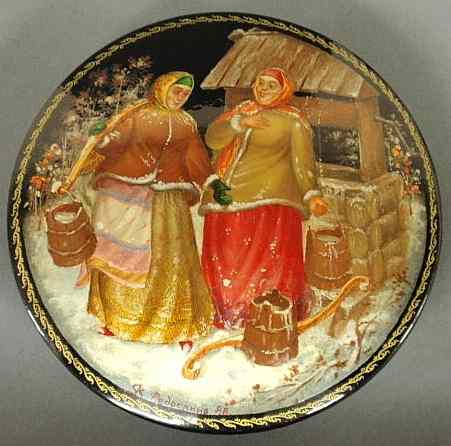 Appraisal: Round Russian lacquerware box decorated with two women signed and