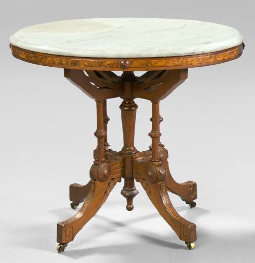 Appraisal: American Walnut Burl Walnut and Marble-Top Center Table third quarter