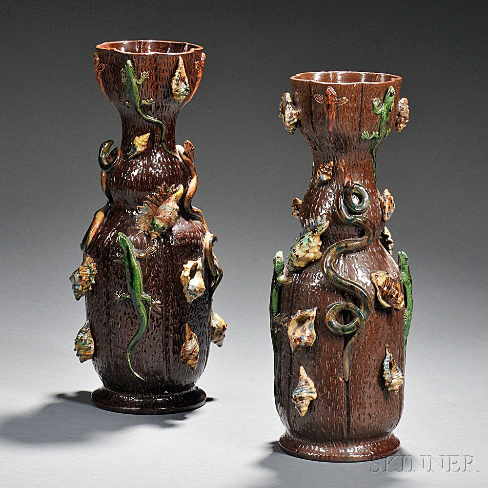 Appraisal: Pair of Palissy-type Earthenware Vases France th century each with