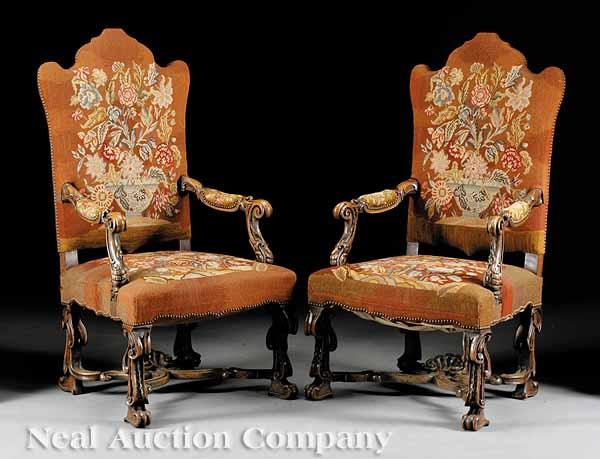 Appraisal: A Pair of Antique Renaissance-Style Carved Walnut and Needlepoint Armchairs