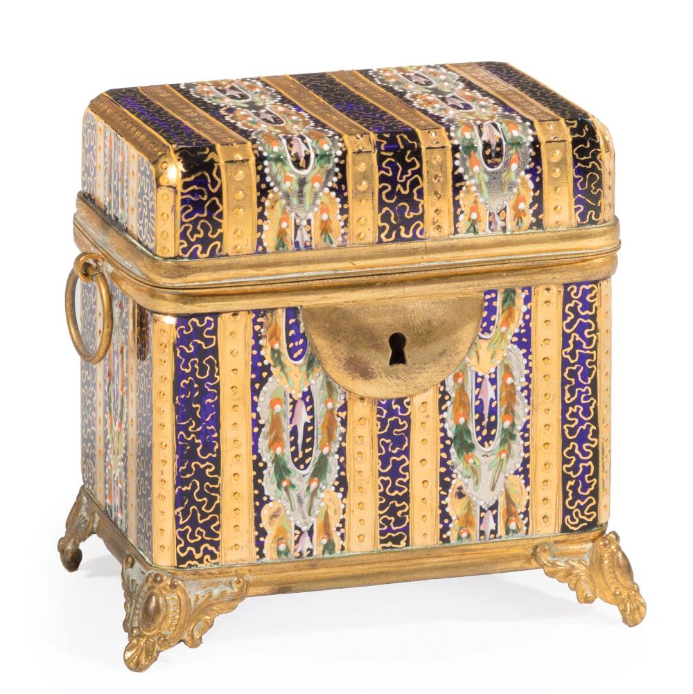 Appraisal: Diminutive Moser Brass-Mounted Enameled Cobalt Glass Dresser Box c hinged