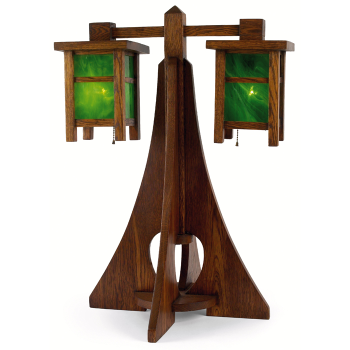 Appraisal: Arts and Crafts lamp two lanterns with green slag glass