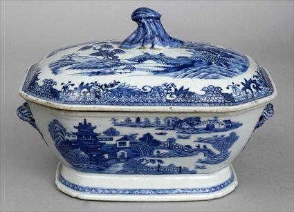 Appraisal: CANTON BLUE AND WHITE CHAMFERED RECTANGULAR TWO-HANDLED TUREEN AND COVER