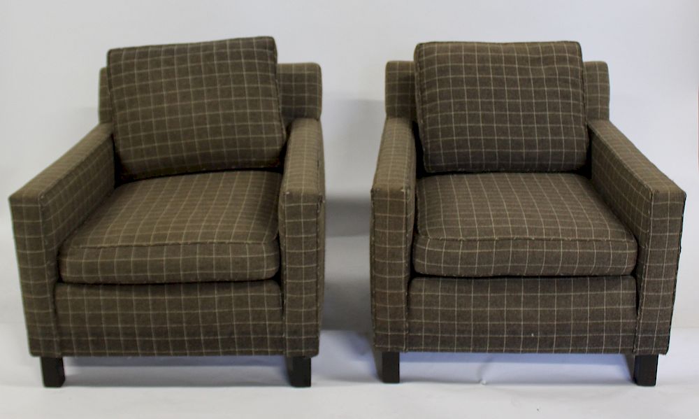 Appraisal: MIDCENTURY Pair Of Dunbar Signed Upholstered Club Chairs From an