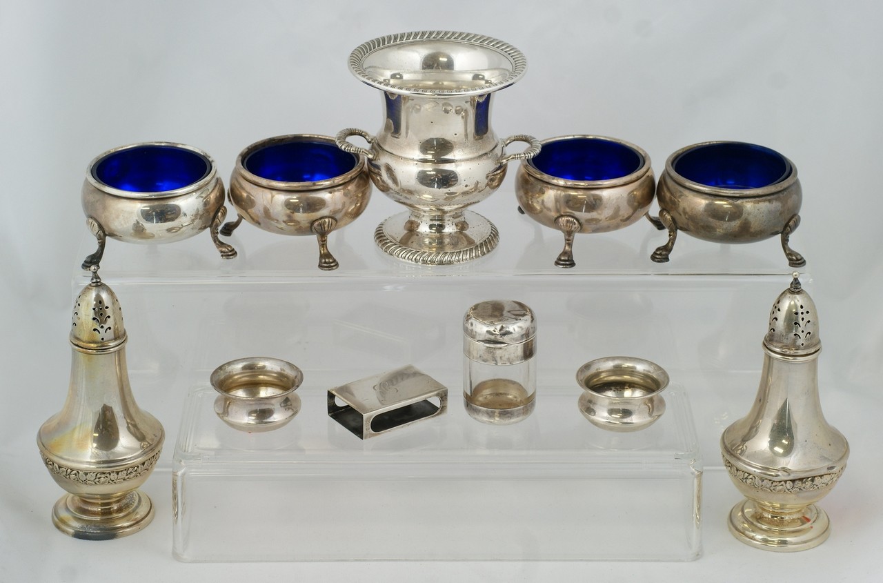 Appraisal: pc Sterling tableware lot incl cobalt lined open slats open