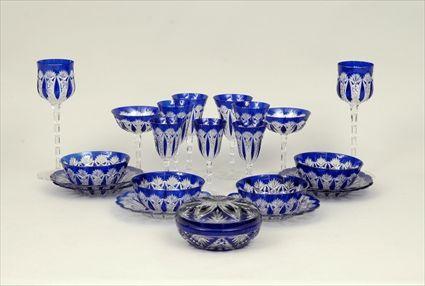 Appraisal: Continental Blue Flashed and Cut Glass Table Service Comprising sixteen