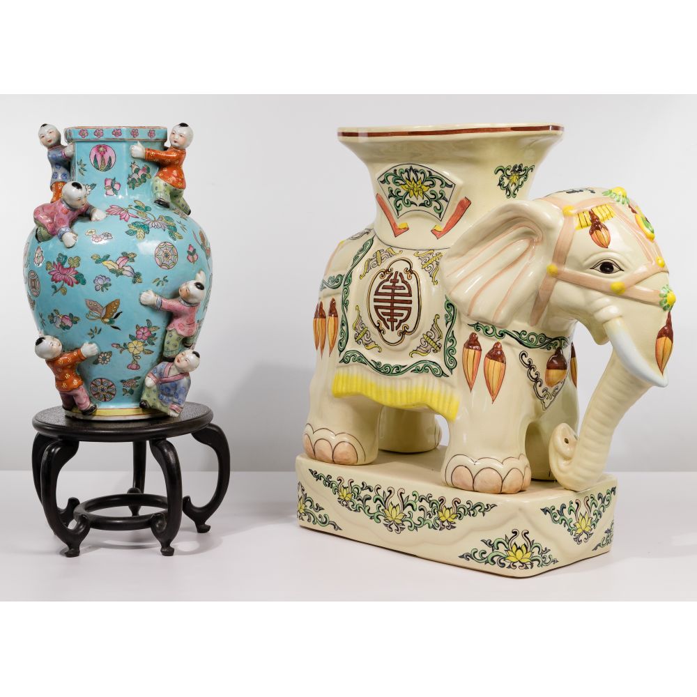 Appraisal: ASIAN ELEPHANT STAND AND -BOY VASEGlobular vase having an octagonal