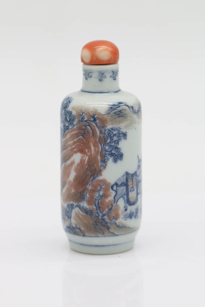 Appraisal: BLUE WHITE COPPER RED SNUFF BOTTLE CORAL LID QING DYNASTY