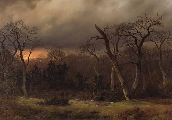 Appraisal: Johann Gustav Lange German - Hunters at dusk signed and