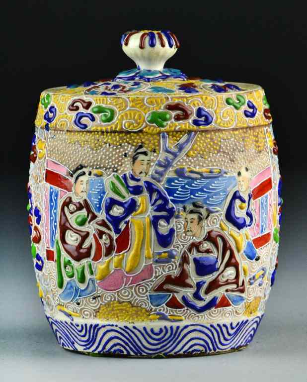 Appraisal: Chinese Moriage Decorated Bisquit JarHaving overall enamelled scroll floral and