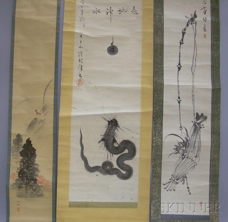 Appraisal: Three Japanese Scrolls depicting a mountain landscape a stalk of