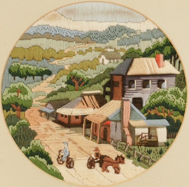 Appraisal: Unknown artist Town Scene with Horse and Cart tapestry tondeau