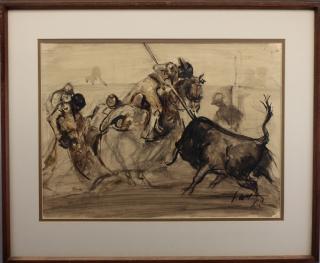 Appraisal: Signed th C Bull Fight Watercolor Signed th C Bull