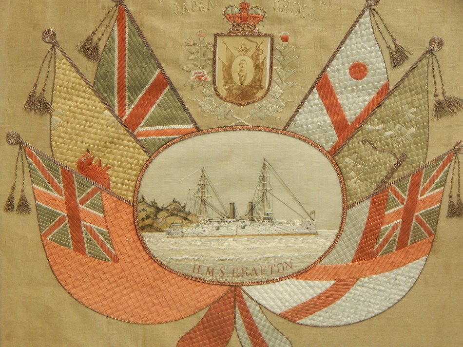 Appraisal: A late thC embroidered ship picture decorated centrally with HMS