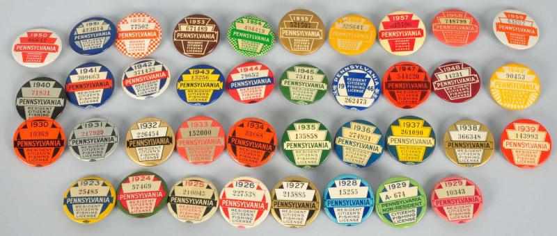 Appraisal: Complete set of PA Fishing License Pins Description Set includes