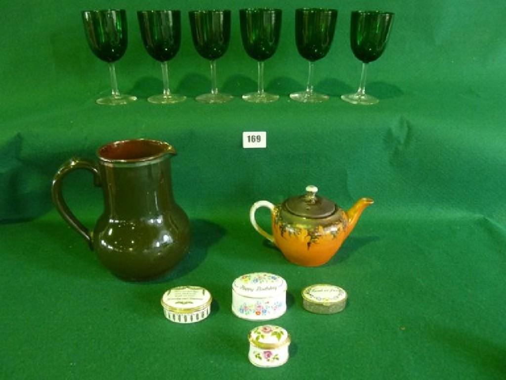 Appraisal: Six green Victorian style wine glasses a ceramic jug and