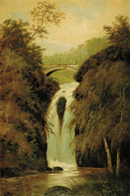 Appraisal: M Biatkowski British th century WATERFALL WITH BRIDGEoil on canvas