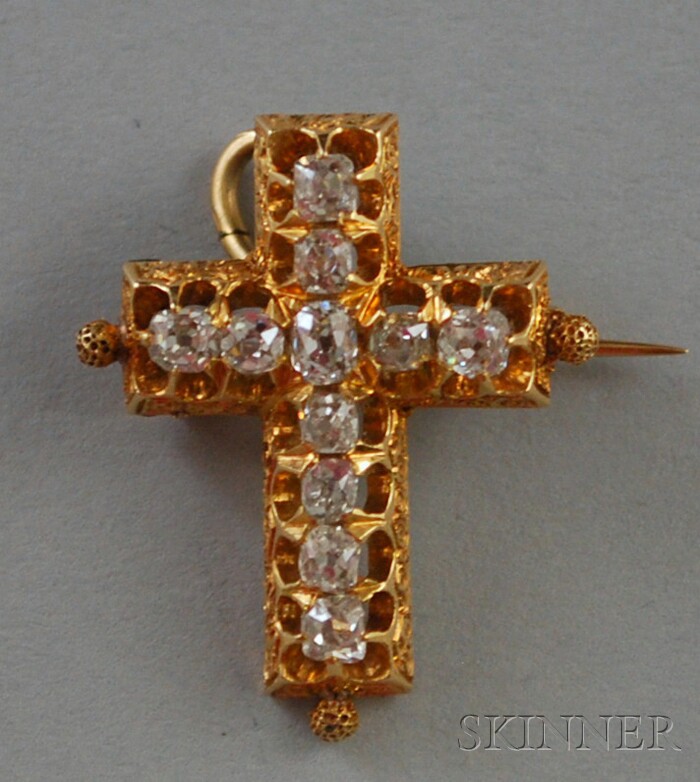 Appraisal: Antique kt Gold and Diamond Cross Pendant Brooch set with