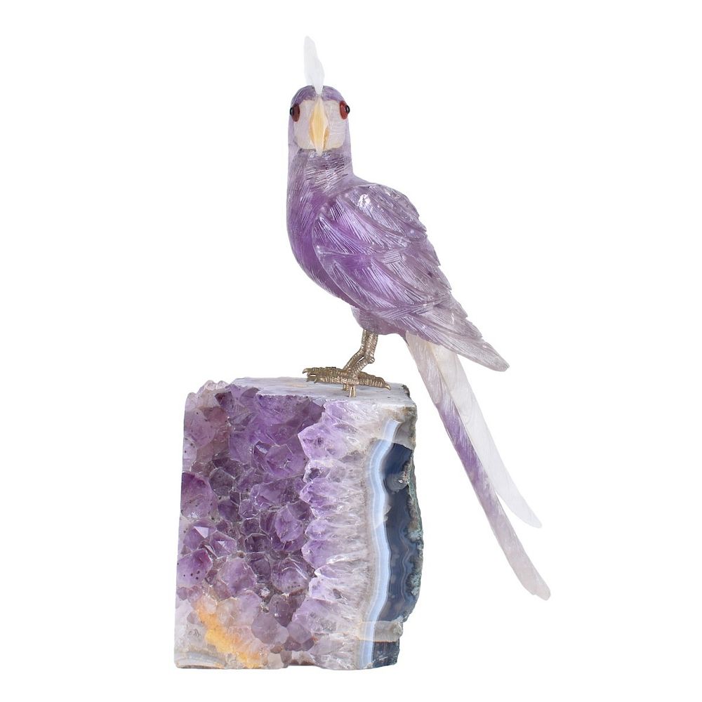 Appraisal: Amethyst Bird Sculpture Amethyst Parrot Bird Sculpture on Amethyst Base