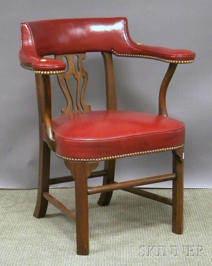 Appraisal: Kittinger Williamsburg Restoration Chippendale-style Red Leather Upholstered Mahogany Armchair branded