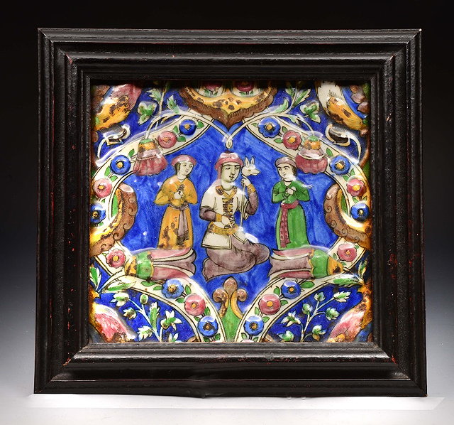 Appraisal: A PERSIAN QAJAR SQUARE POTTERY TILE with polychrome enamel decoration