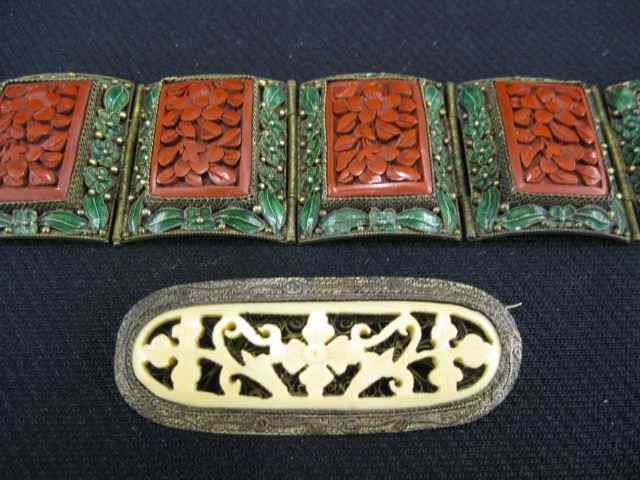 Appraisal: Chinese Enameled Cinnabar Bracelet '' long '' wide circa with