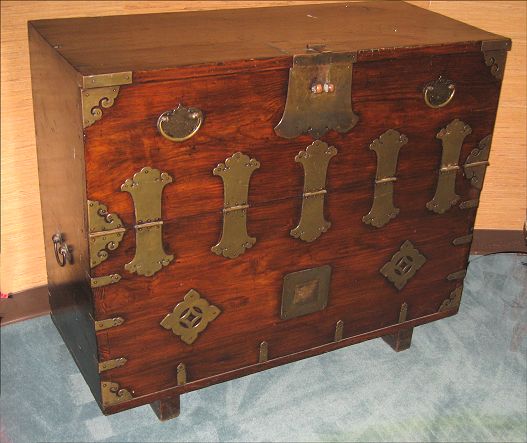 Appraisal: CHINESE CAMPAIGN DESK CHEST Brass hardware and decorative hinges interior