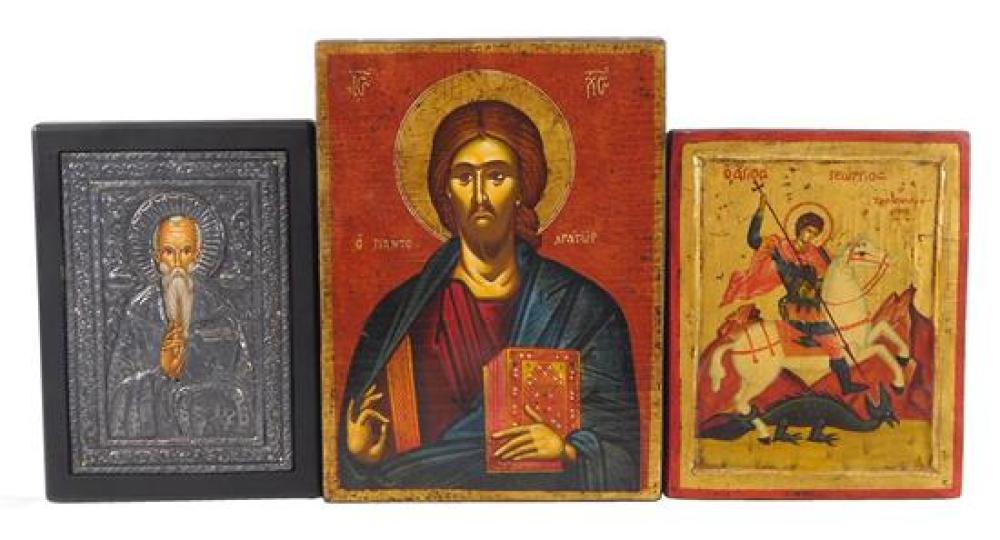 Appraisal: Three Contemporary Greek icons on panel antique style including St