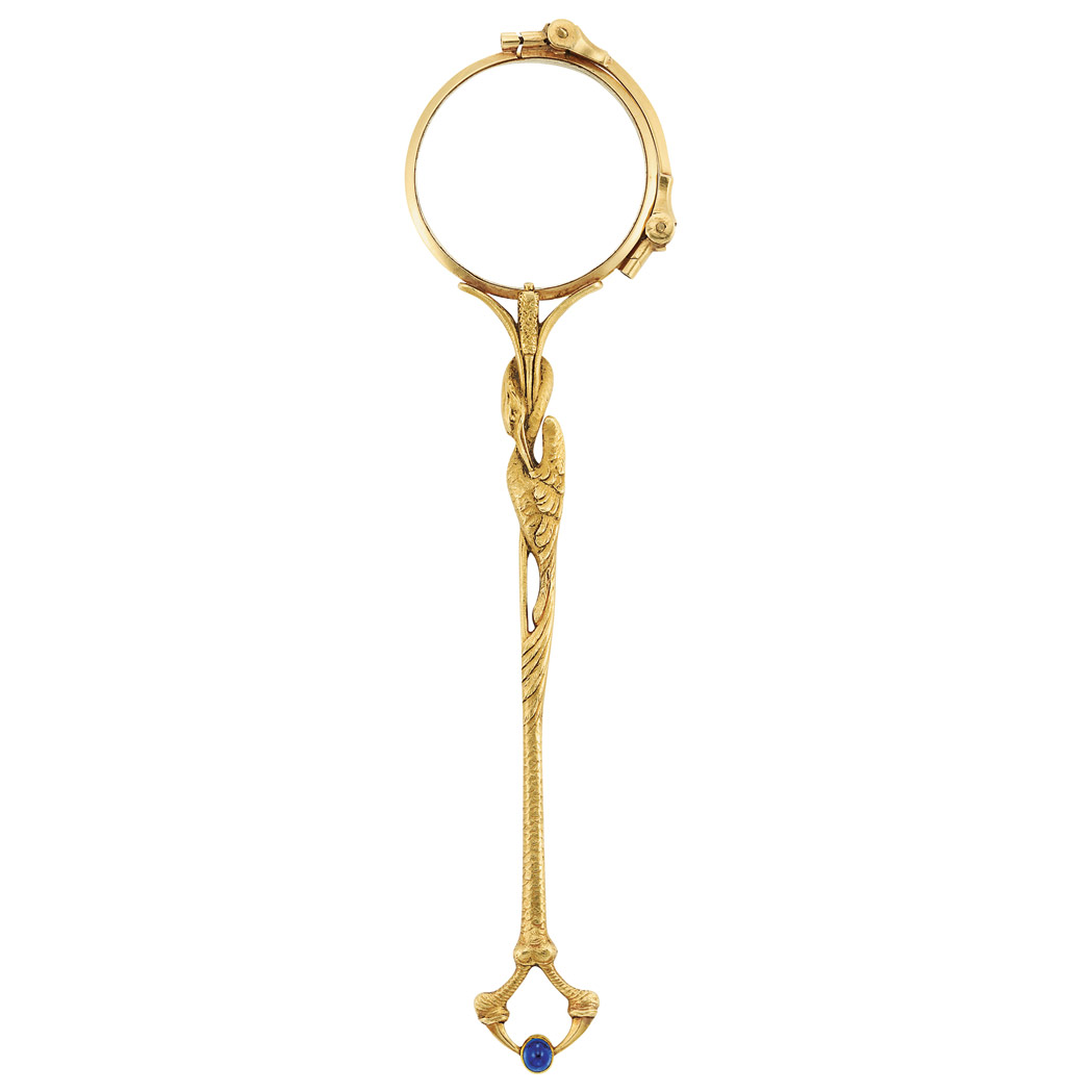 Appraisal: Art Nouveau Gold and Cabochon Sapphire Lorgnette The textured gold