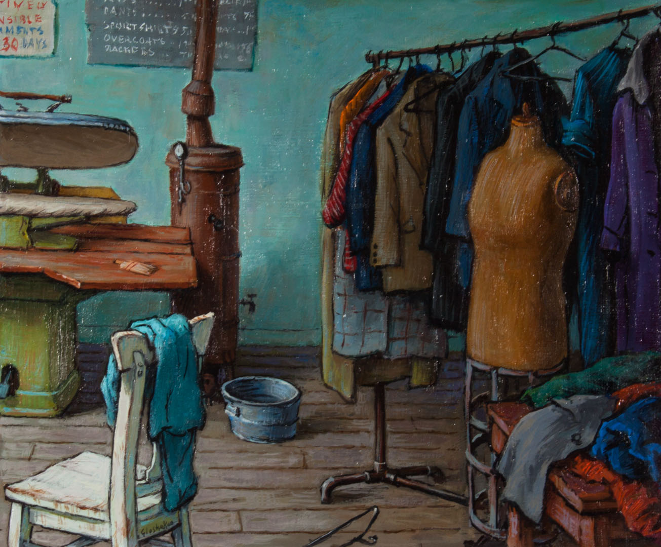 Appraisal: Jacob Glushakow Tailor Shop Interior oil American - oil on