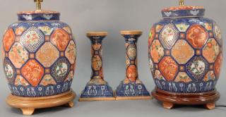 Appraisal: Four piece lot with pair of Imari style lamps total